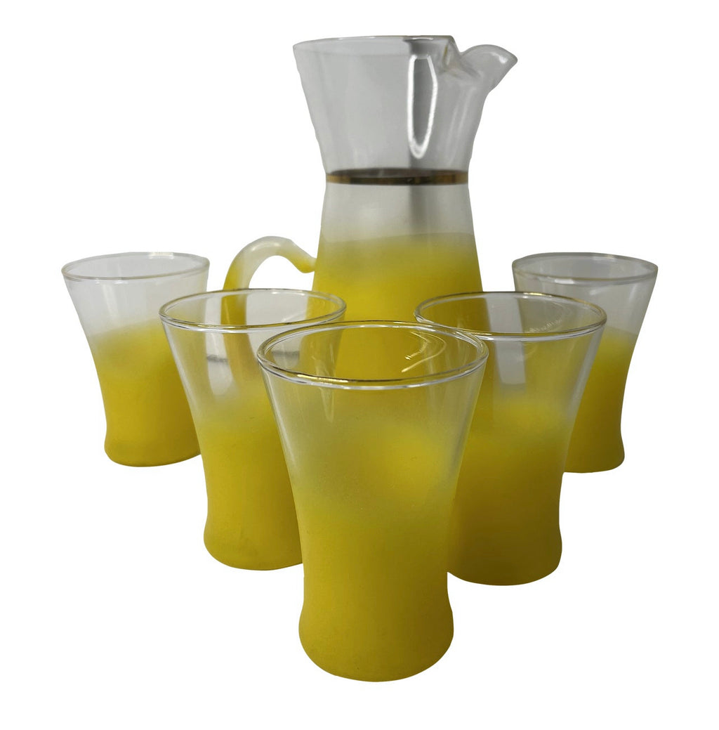 1950s Vintage Yellow Blendo Glass Set 6 Piece Drink Cocktail Mid Century Modern